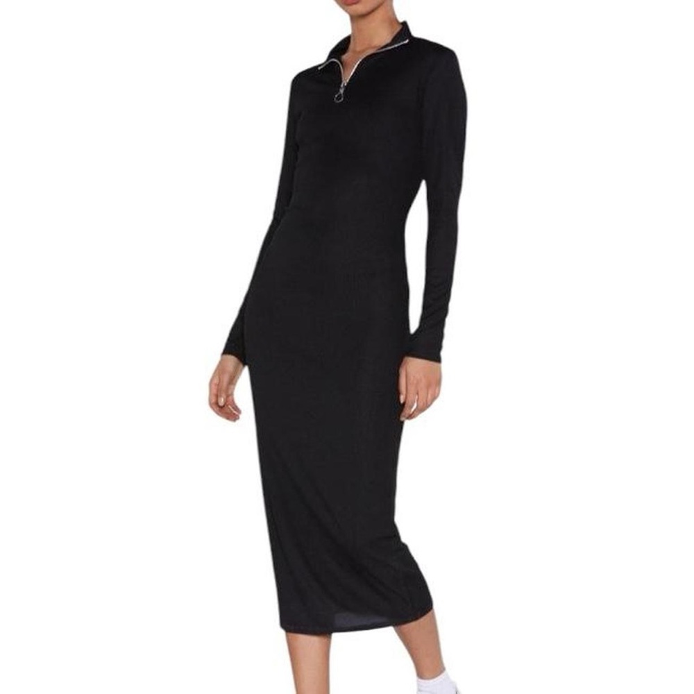 Nasty Gal 3/4 zip black ribbed turtleneck longsleeve bodycon maxi dress - Picture 2 of 4